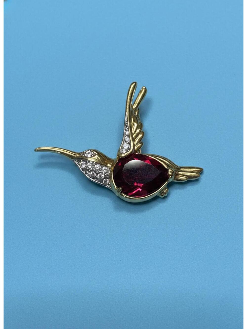 Vintage Gold Tone Hummingbird Brooch Red Cabochon Pin